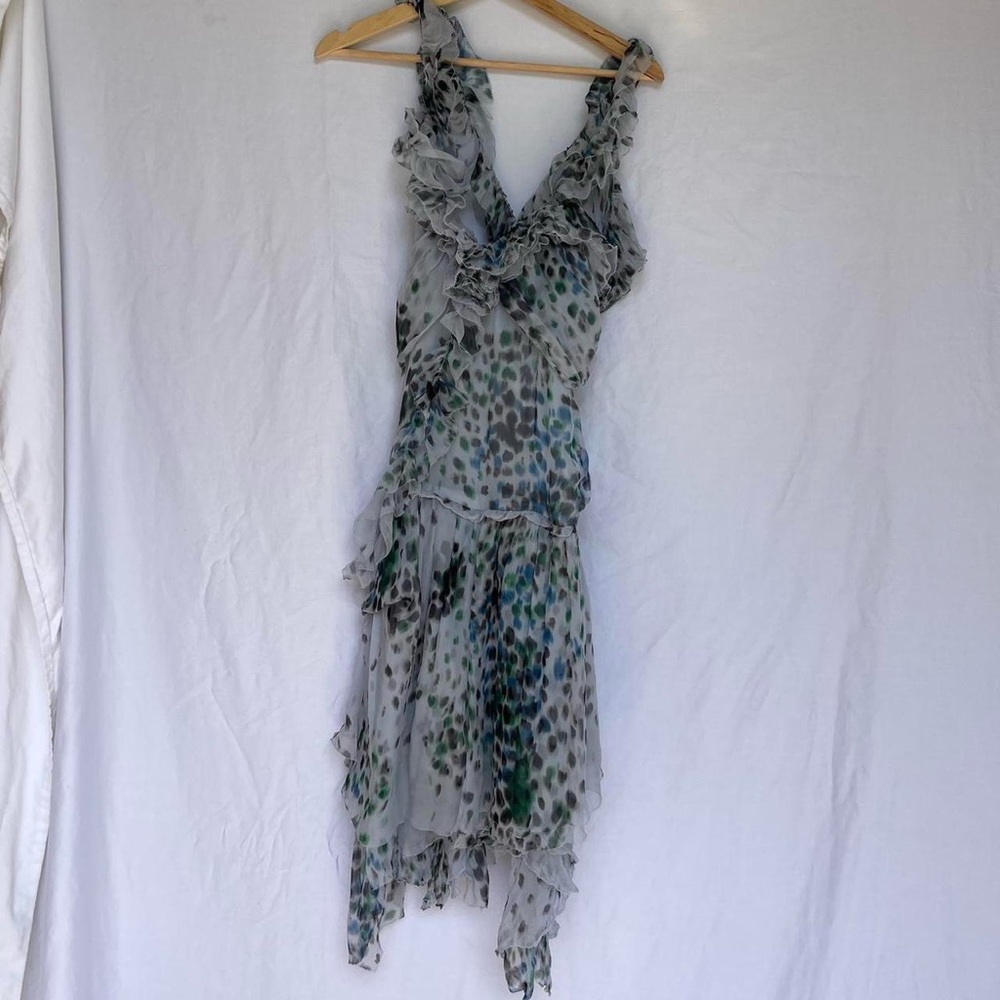 Y2k Max studio grey printed asymmetrical silk ruffled dress
